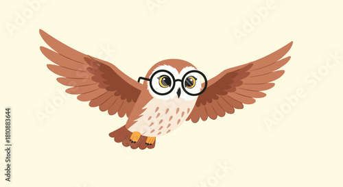 A charming illustration features a wise, cartoon-style owl with round glasses soaring gracefully with outstretched wings against a light background.