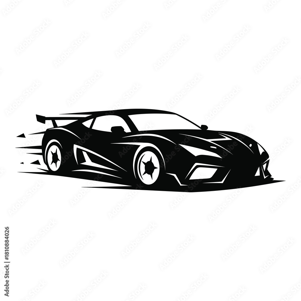 Fototapeta premium Sleek black sports car speeding with motion blur isolated on white background, showcasing modern design and aerodynamic features for highperformance driving