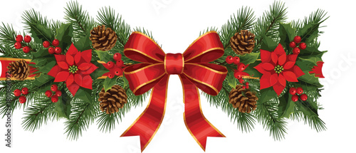 Festive Christmas garland with green pine branches, red poinsettia flowers, holly berries, cones, and large satin ribbon bow decoration