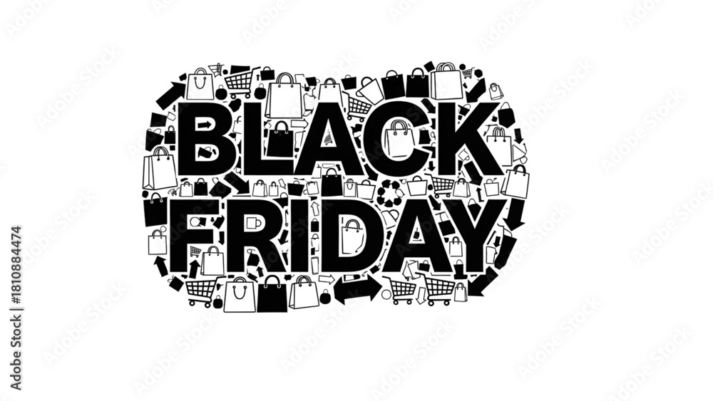 Obraz premium Creative Black Friday Typography Filled with E-commerce Symbols Bold Black Friday Text Art with Embedded Shopping Elements