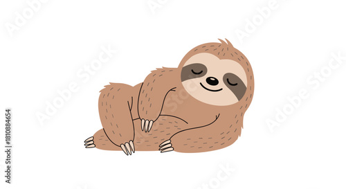 Adorable cartoon sloth peacefully resting with a serene smile and closed eyes, isolated on a clean white background.