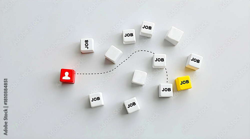 Obraz premium A red cube with a person icon and a dotted line leading to a yellow cube labeled