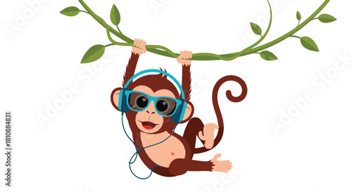 A cool cartoon monkey wearing headphones and sunglasses hangs playfully from a jungle vine, ready to enjoy some music.