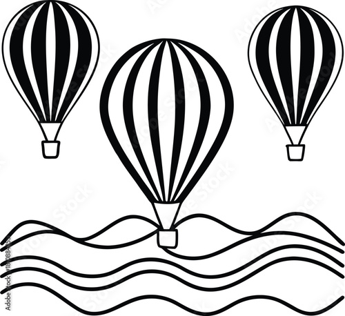 Black and white hot air balloons above wavy lines design