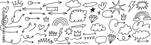 Hand Drawn Doodle Elements Arrows, Clouds, Crowns, Hearts, Rainbows, Diamonds, and Speech Bubbles