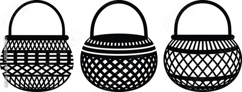 Three black woven baskets with handles wicker black and white