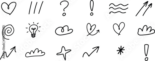 Hand Drawn Doodle Symbols Set Heart, Arrow, Cloud, Lightbulb, Wave, Star, Question Mark