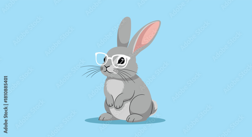Fototapeta premium A cute grey cartoon rabbit wearing stylish white glasses sits against a solid light blue background, looking intelligent and charming.