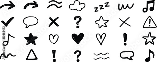 HandDrawn Doodle Set Arrows, Cloud, Sleep, Question Marks, Star, Hearts, Musical Notes, Shapes