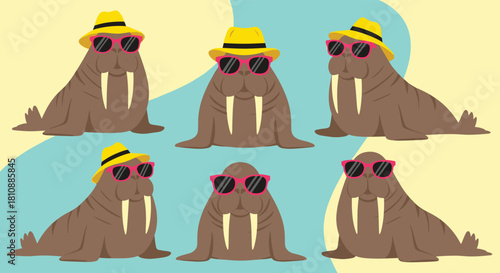 Six cool cartoon walruses wearing stylish yellow hats and pink sunglasses relax on a split-color background, embodying a fun summer vibe.
