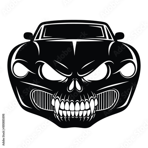 Menacing skull car front view with aggressive design elements isolated on white background perfect for edgy automotive themes and halloween concepts
