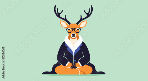 A wise and intellectual deer wearing eyeglasses and a suit meditates calmly against a serene light green background.