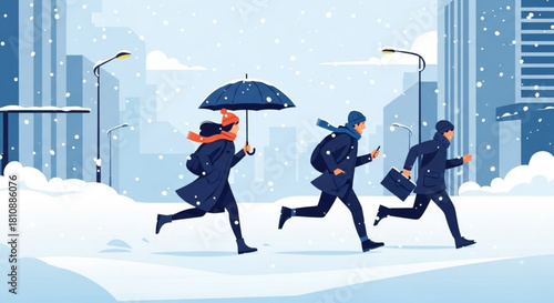 People rushing through snowy city streets, braving winter weather with urgency, offering a dynamic and relatable scene for seasonal campaigns and urban lifestyle stories