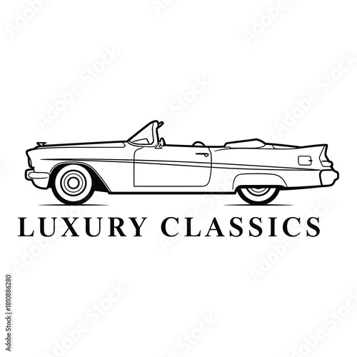 Elegant line art illustration of a classic convertible car, showcasing luxury classics isolated on white background perfect for vintage car enthusiasts and automotive design projects