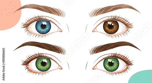 Beautiful eye collection with a variety of colors, expressive eyebrows, and long lashes for cosmetic beauty and personal care product design needs