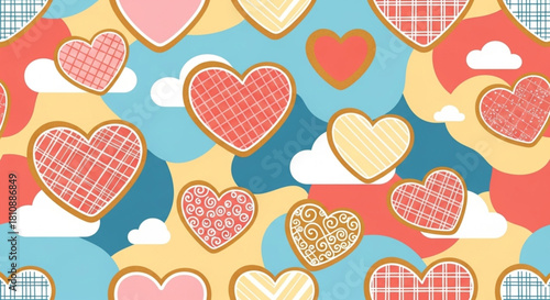 Sweet heart cookies and clouds seamless pattern, perfect for Valentine's Day baking projects, cute wrapping paper, and charming backgrounds for invitations