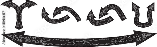 Hand drawn brush arrows and signs in grunge ink style. Curved, straight, Various bold brush drawn curved arrows. Collection doodle marker thick arrows in different directions.