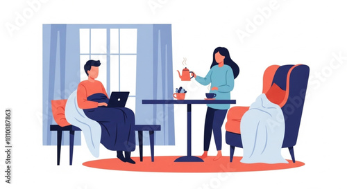 Cozy morning scene with woman pouring tea for man working on laptop, creating a feeling of warmth and connection at home, perfect for lifestyle content