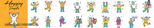 Happy People Vector Illustrations: A Collection of Joyful Characters Showing Happiness, Celebration, Success, and Gratitude for Social Media, Business Marketing, and Website Design.