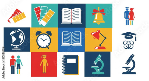 Vibrant educational icons for back to school designs and learning projects, perfect for teachers, students, and educational materials with a fun aesthetic