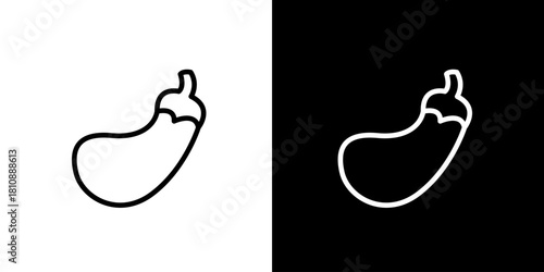 Minimalist eggplant icon variations in black and white, suitable for food-related projects and design