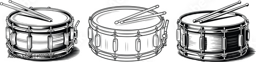 Vintage Snare Drum Set, Silhouette Vector Illustration.