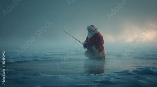 A misty morning scene of Santa Claus fishing through a hole in the ice at the North Pole, 8k, realistic, full ultra HD, high resolution, cinematic photography