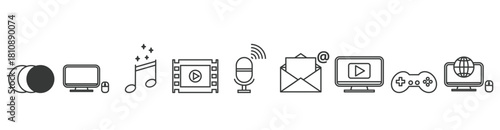 Multimedia banner vector illustration with icon of animation, computer, music, video, audio, e-mail, streaming, gaming and internet