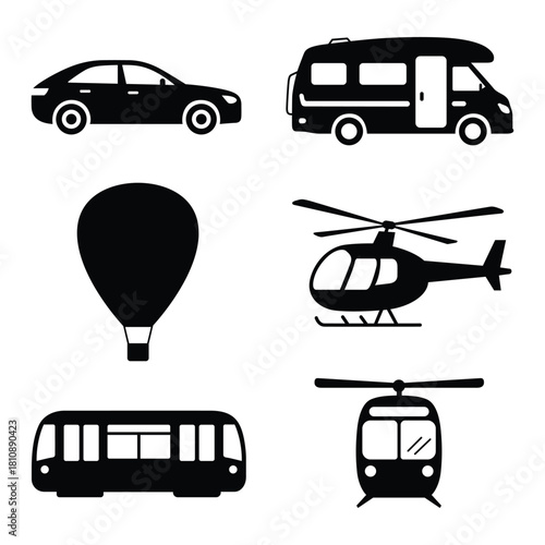 Various Transportation Icons Black and White Pictograms Including Car Camper Hot Air Balloon Helicopter and Tram