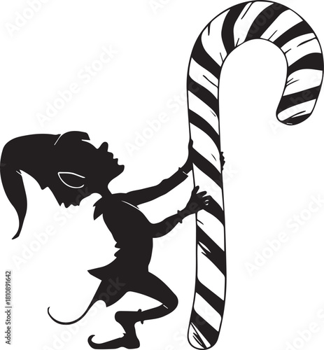 Christmas Elf Silhouette Holding Giant Candy Cane Vector Illustration for Holiday Design