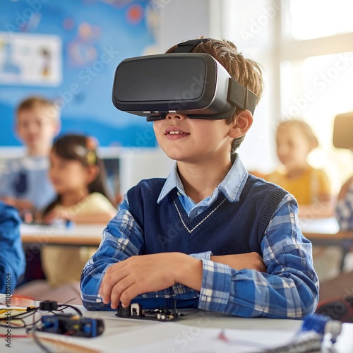 Young student exploring virtual reality in classroom setting.
