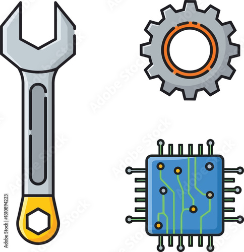Modern technology repair icons perfect for engineering and manufacturing projects, showing chip, gear, and wrench for maintenance and development