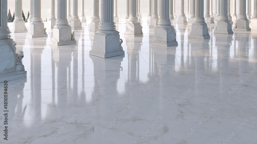 Fototapeta premium colonnade. Polished marble floor reflecting classical columns in symmetrical architecture. real-estate listings.