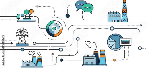 Modern energy infrastructure network with communication and power plants, a vibrant and dynamic illustration for sustainable energy solutions and innovation