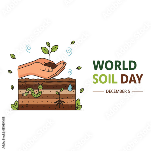 World Soil Day, December 5: Hand Holding Seedling Over Soil Layers with Earthworm and Water Drop, Illustrating Soil Health, Plant Growth, Conservation, and Ecological Importance Vector.