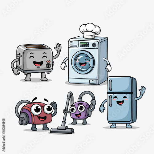 Whimsical cartoon appliances bring joy to household chores with their cheerful smiles and playful poses, adding fun to everyday tasks