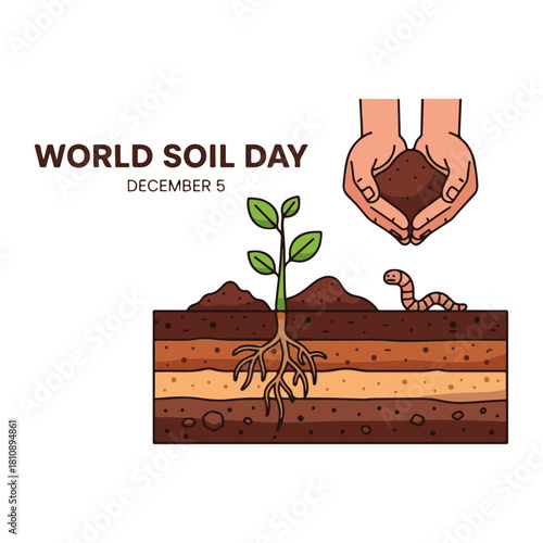 World Soil Day, December 5: Illustration of Hands Holding Healthy Soil Above Soil Layers with Plant Roots and Earthworm, Highlighting Conservation, Health, Agriculture, and Environmental Care.