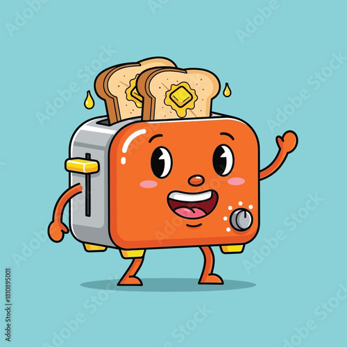 Delightful cartoon toaster character serving golden buttered toast, perfect for cheerful breakfast promotions and playful kitchen designs with a retro vibe