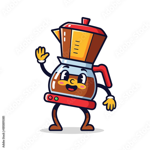 Cheerful coffee maker character waving hello with a friendly smile, perfect for breakfast menus, cafe promotions, and morning beverage advertisements