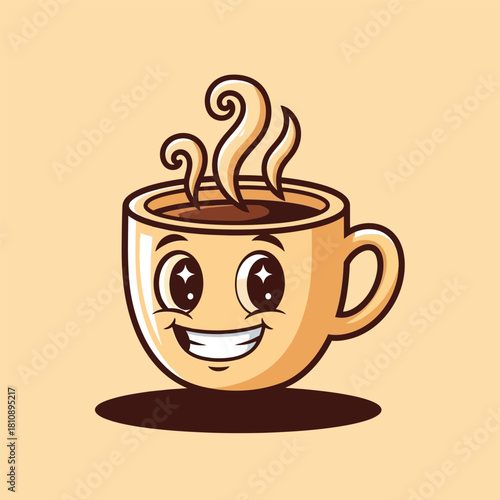 Cheerful coffee cup cartoon character grinning with delight, perfect for branding, menus, and adorable cafe promotions, radiating positive energy and warmth
