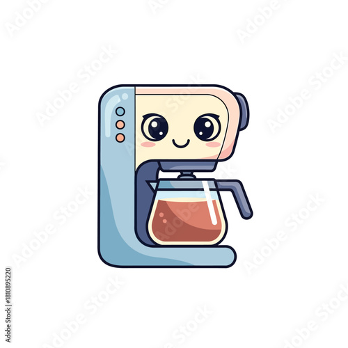 Adorable smiling coffee maker cartoon illustration for cheerful kitchen decor and morning routine designs, cute appliance adds a joyful touch