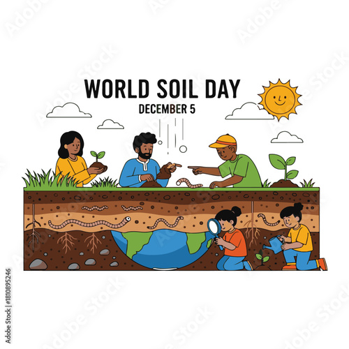 World Soil Day, December 5: People and Kids Interacting with Soil Profile, Observing Earthworms, Planting, and Watering Earth Globe, Highlighting Soil Education, Conservation, and Global Ecology.