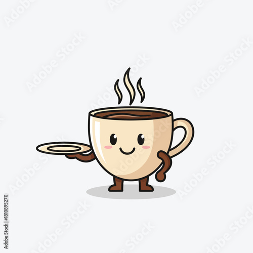 Cute cartoon coffee cup character with a happy smile serving a delicious hot beverage, perfect for cafe promotions or cheerful morning greetings