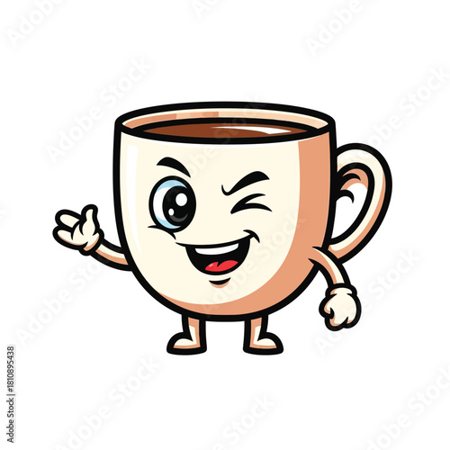 Winking coffee cup character mascot waving hello brings a friendly, cheerful vibe to any project, perfect for cafes, menus, and playful designs