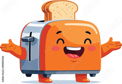 Cheerful orange toaster character with happy smile and welcoming arms offering freshly toasted bread for breakfast joy and kitchen appliance fun