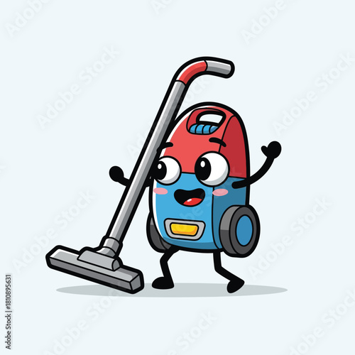 Adorable cartoon vacuum cleaner character cheerfully cleaning, bringing a playful touch to household chores and cleaning service promotions