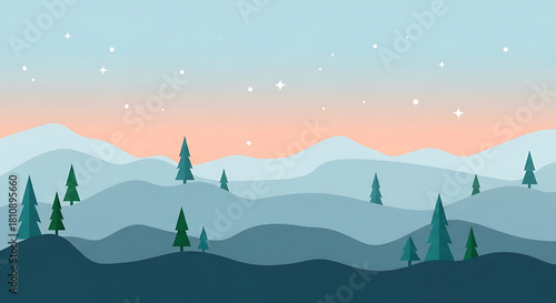 Serene Mountain Landscape with Pine Trees and a Pastel Sky Illustration