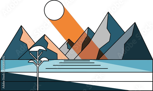 Modern mountain landscape with a stylized tree and vibrant sun creates a peaceful and serene escape perfect for digital art projects or website designs