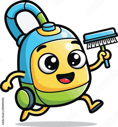 Cheerful cartoon vacuum cleaner character brings a playful touch to cleaning concepts and home organization, making chores feel fun and less intimidating