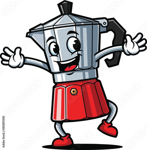 Cheerful cartoon moka pot character with open arms, ready to bring joy to your coffee brand or cafe design, perfect for adding fun and energy!